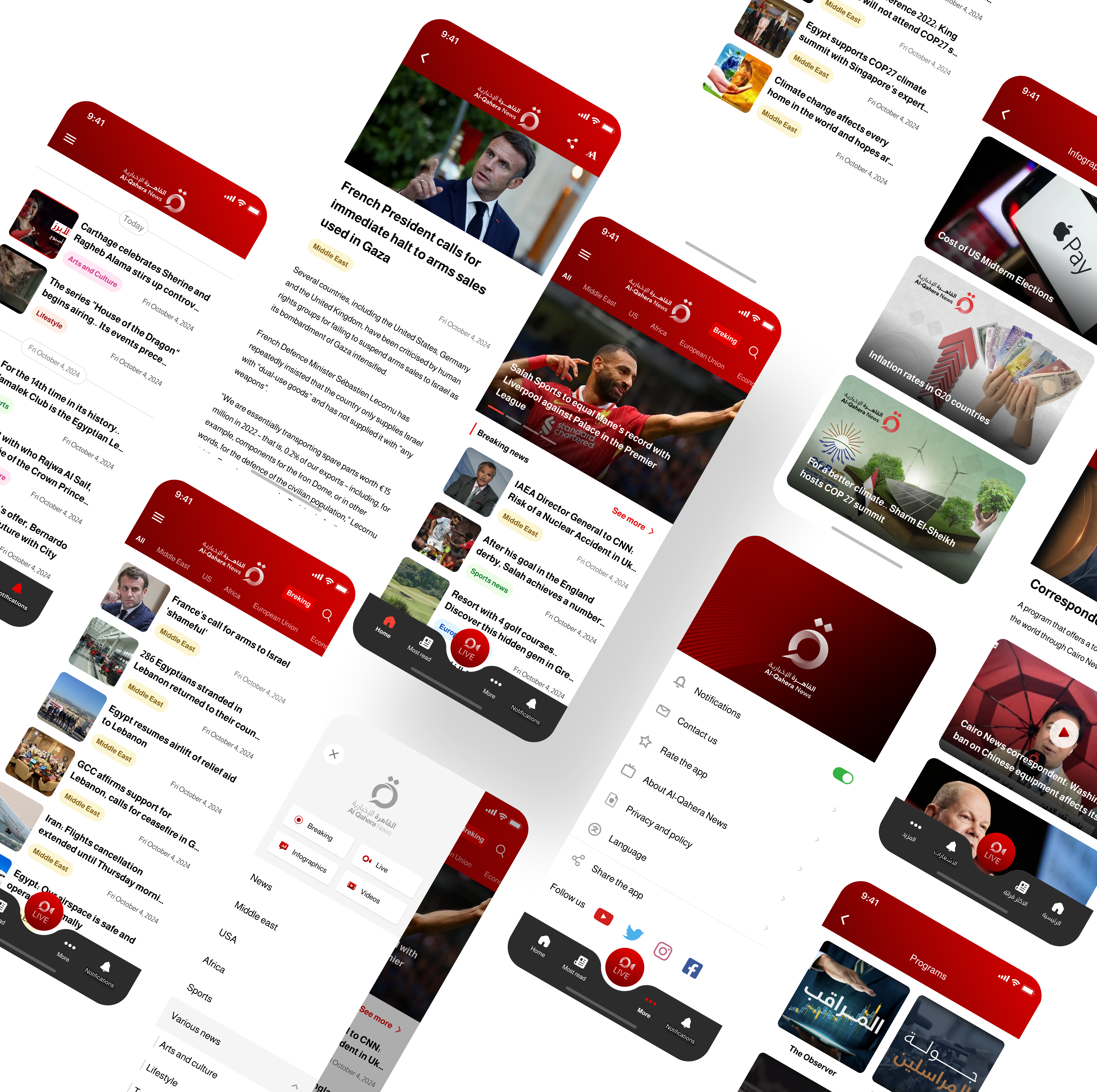 Collage of final Al-Qahera News app screens — home feed, article view, breaking-news category, side menu, settings, programs and live video.