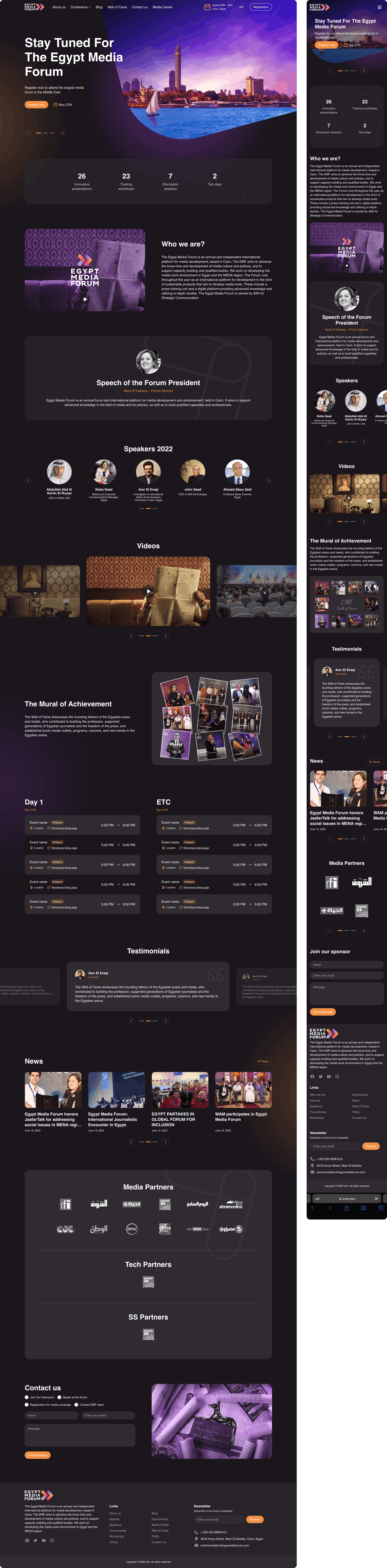 Egypt Media Forum website — full desktop page with hero, stats, About, speakers, videos, Wall of Fame, schedule, testimonials, news, partners and contact, alongside the responsive mobile layout.