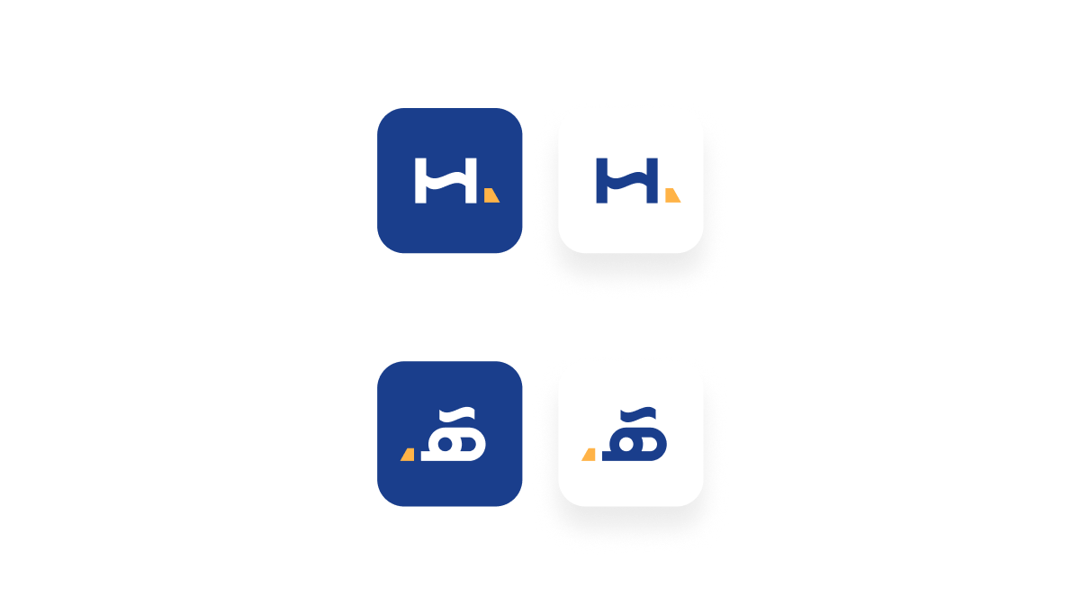 Halla app-icon system — Latin and Arabic monograms in navy and white tiles with the orange accent.
