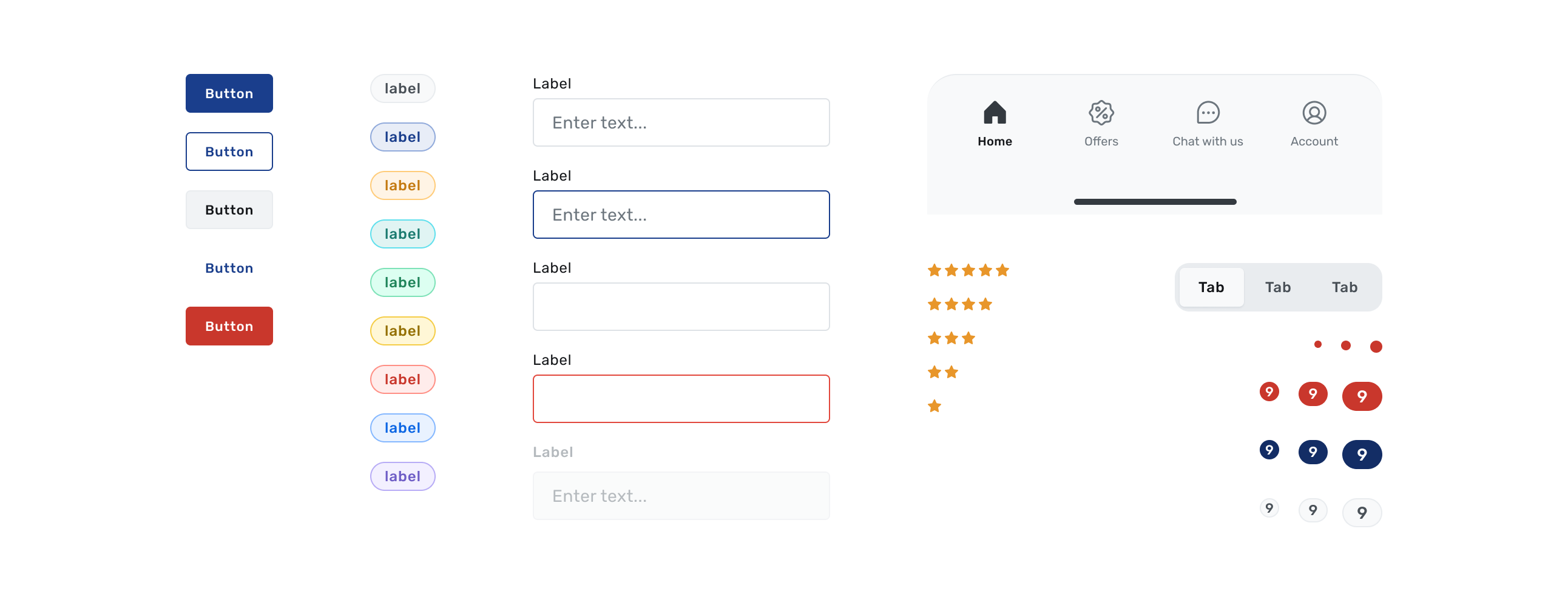 Halla component library — button variants, label chips, text inputs, bottom nav bar, star ratings, tabs and notification badges.