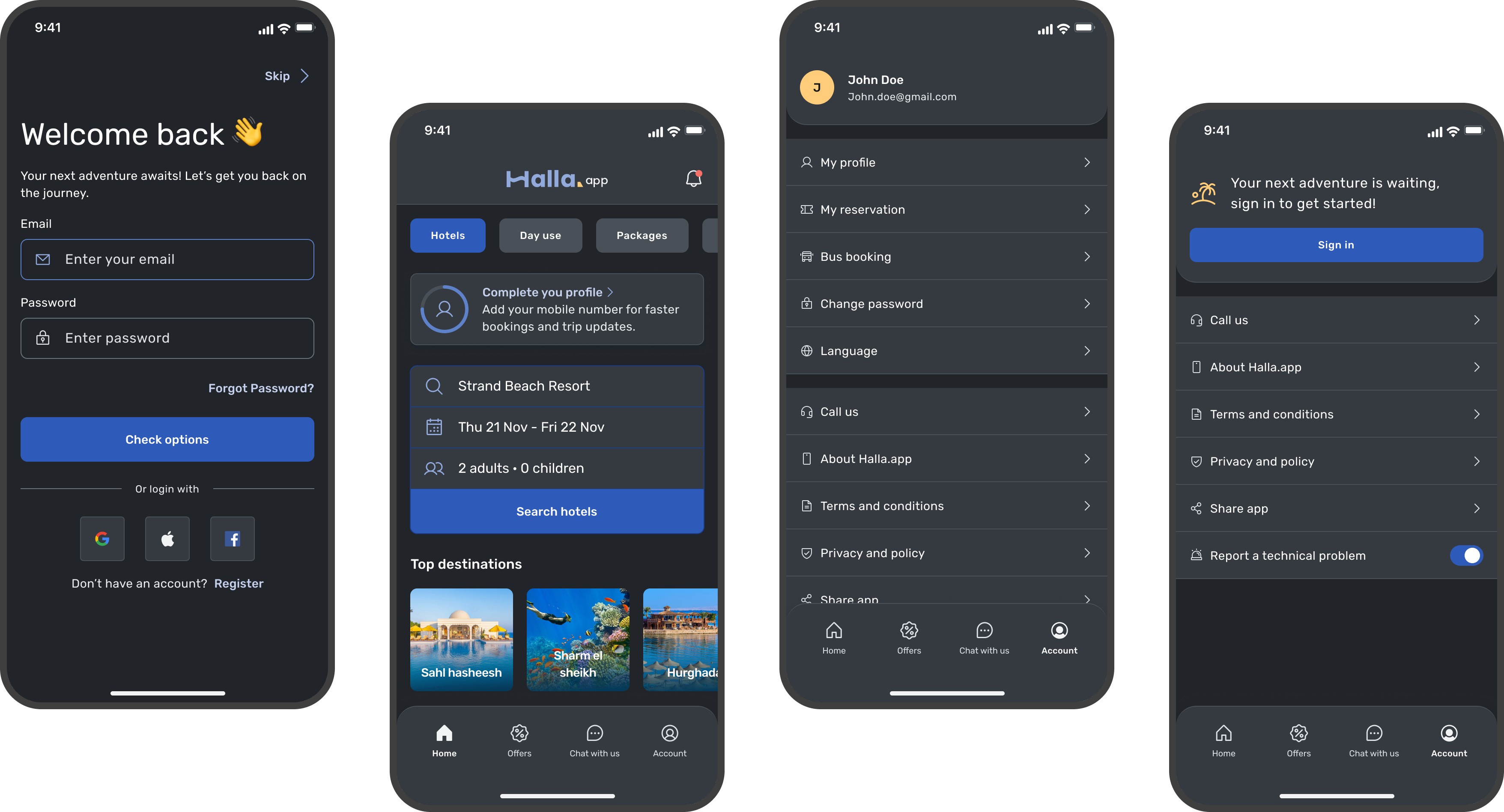 Halla.app in dark mode — welcome/sign-in screen, home with search and top destinations, account menu, and signed-out account screen.