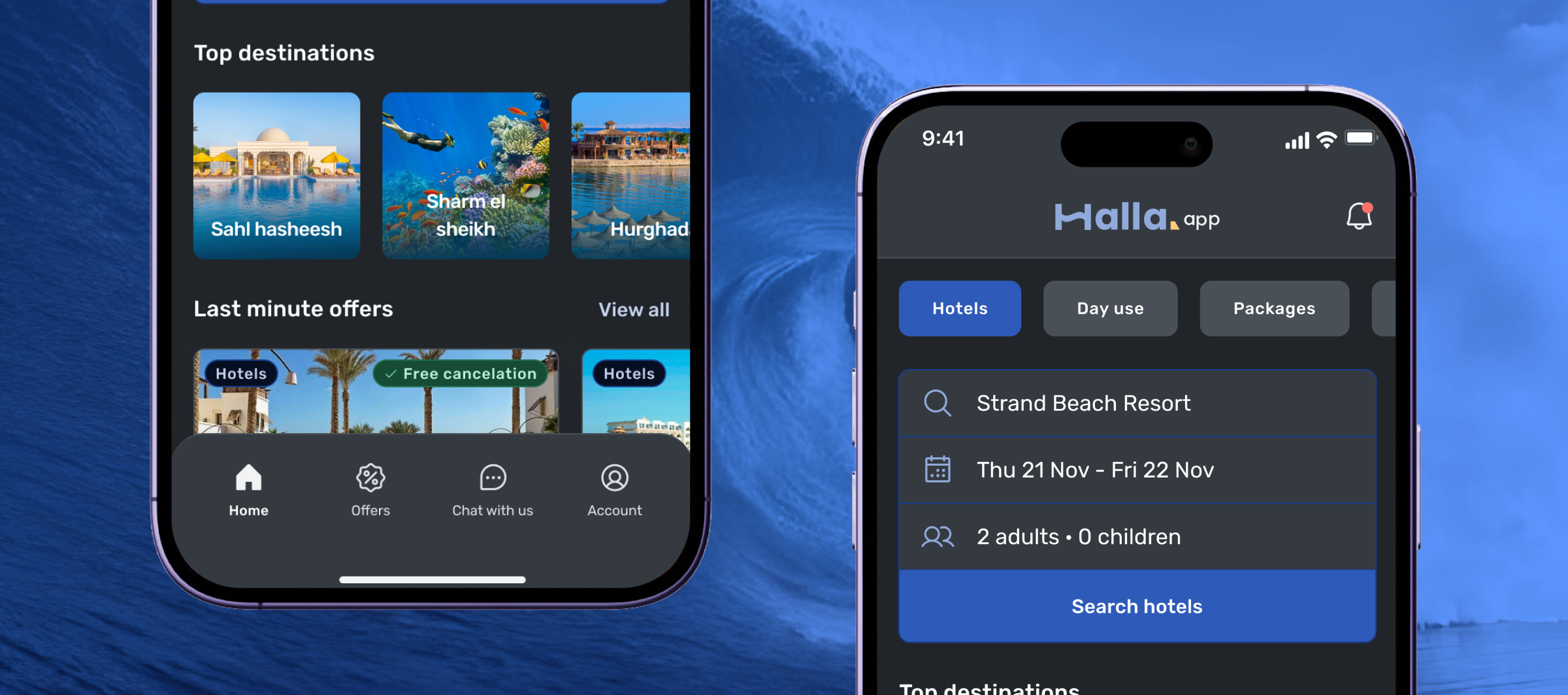 Halla.app home screen and search on iPhone