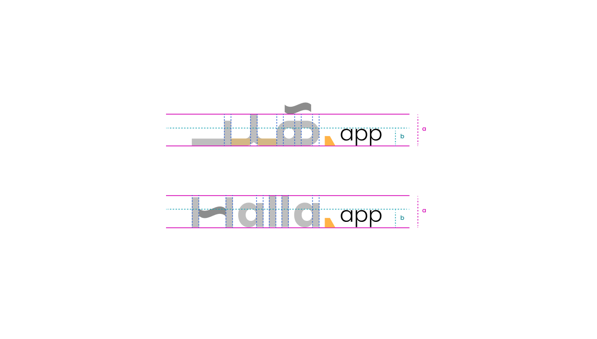 Halla logo clear-space and proportion guides — the Arabic and Latin wordmarks measured against baseline, x-height and minimum padding.
