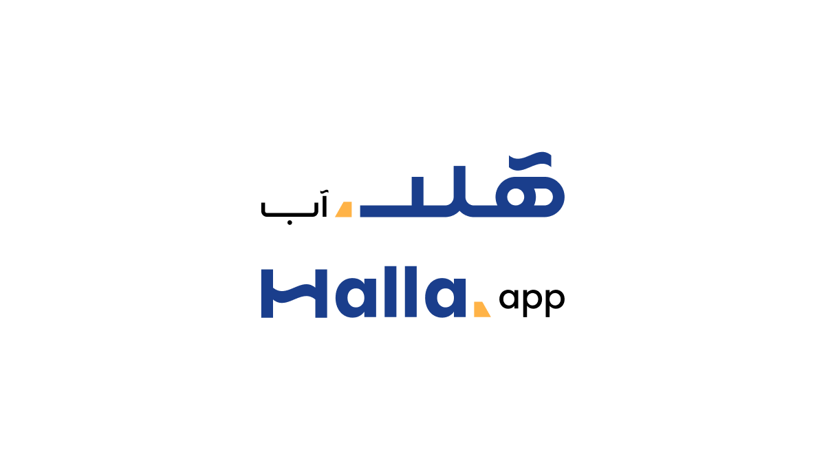 Halla logo lockup — the Arabic هلا أب and Latin Halla.app wordmarks in navy with the orange accent.