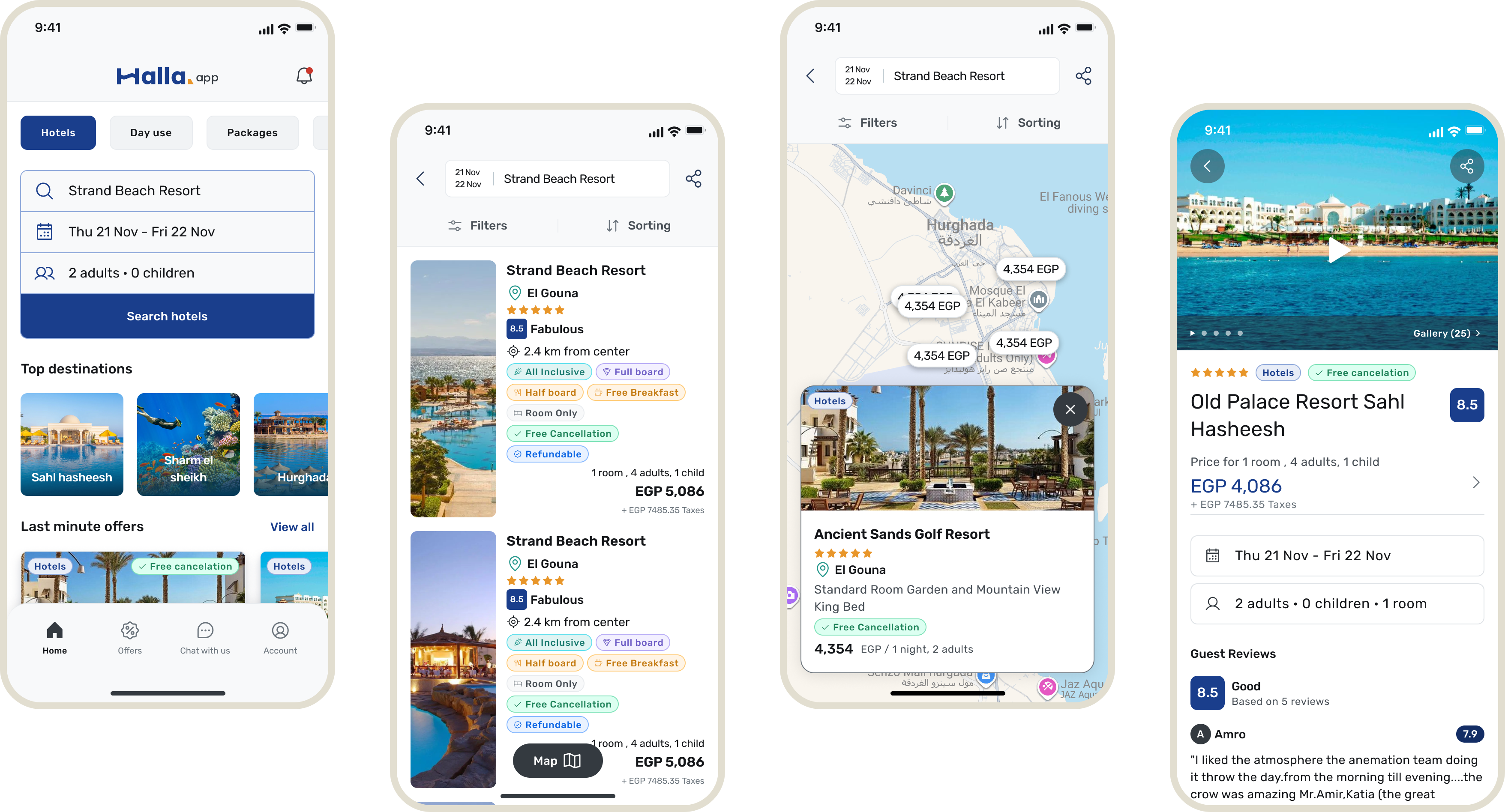 Halla.app key screens — home with search and top destinations, hotel results list, map view with price pins, and a hotel detail page with gallery and guest reviews.