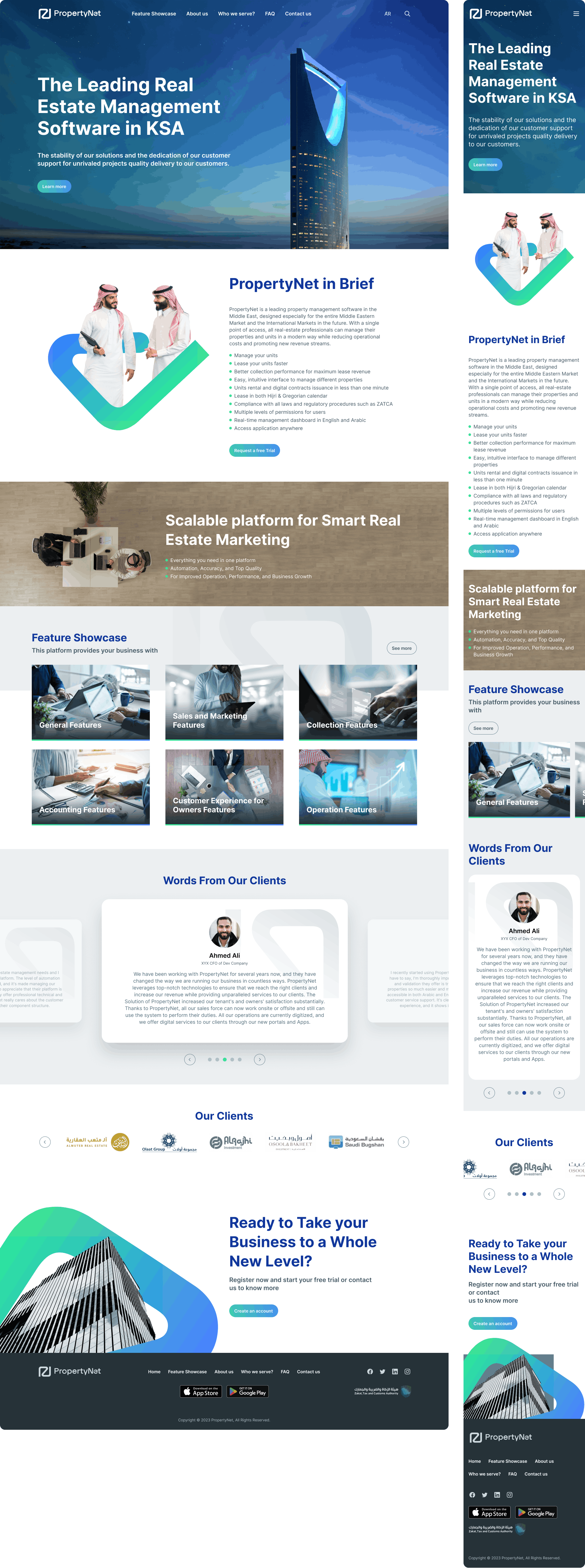 PropertyNet website — full desktop page with the KSA real-estate hero, PropertyNet in Brief feature list, Scalable platform banner, Feature Showcase grid, client testimonials, partner logos and CTA footer, alongside the responsive mobile layout.